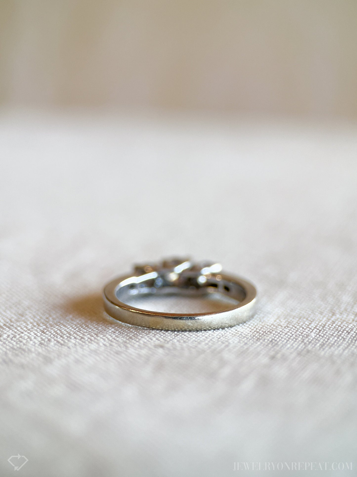 Vintage Diamond Engagement Ring, Round Cut, 14k White Gold, Classic Three Stone Bridal Ring