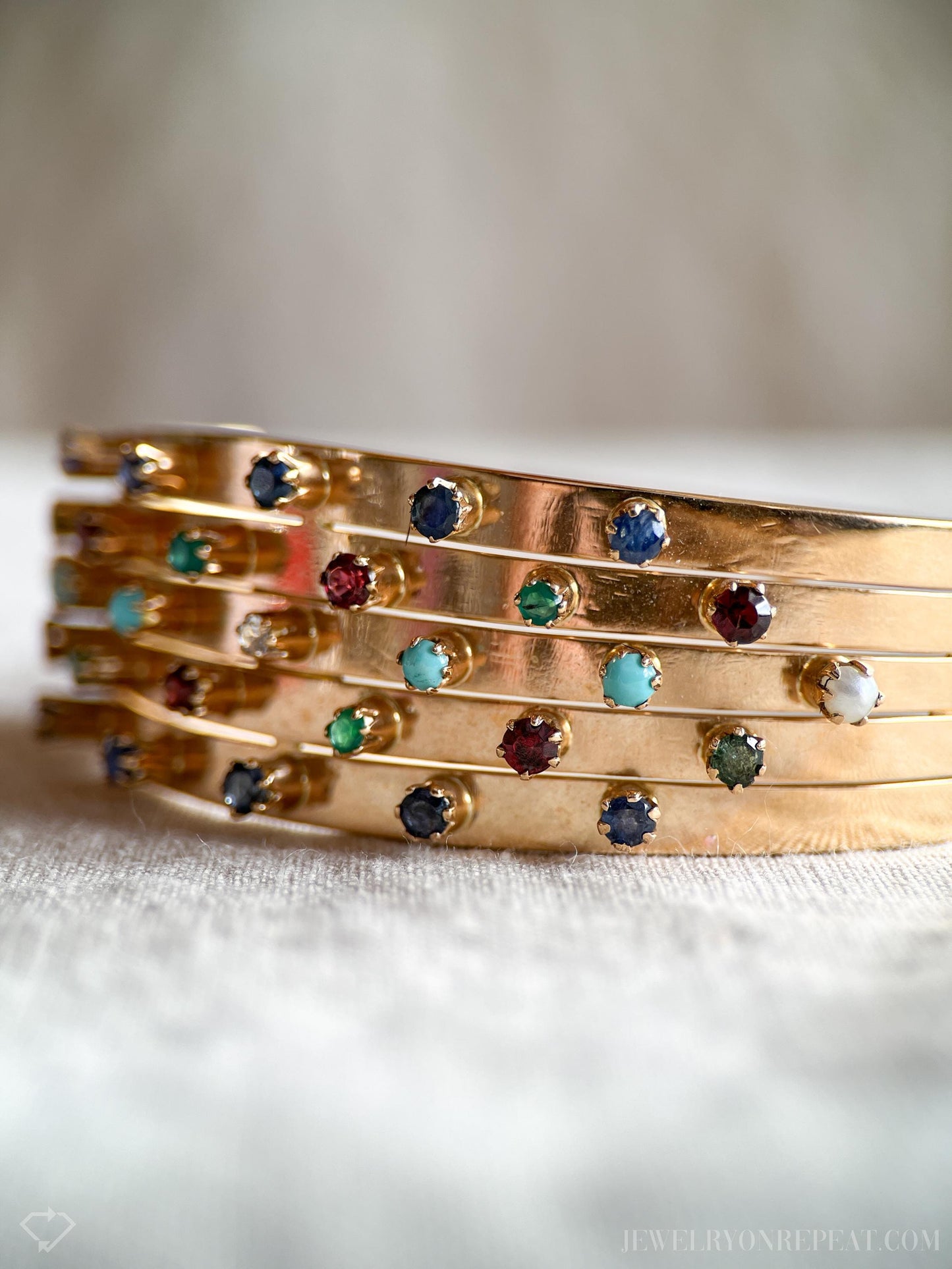 Vintage Multi Gemstone Bangle Cuff Bracelet in 18k Gold