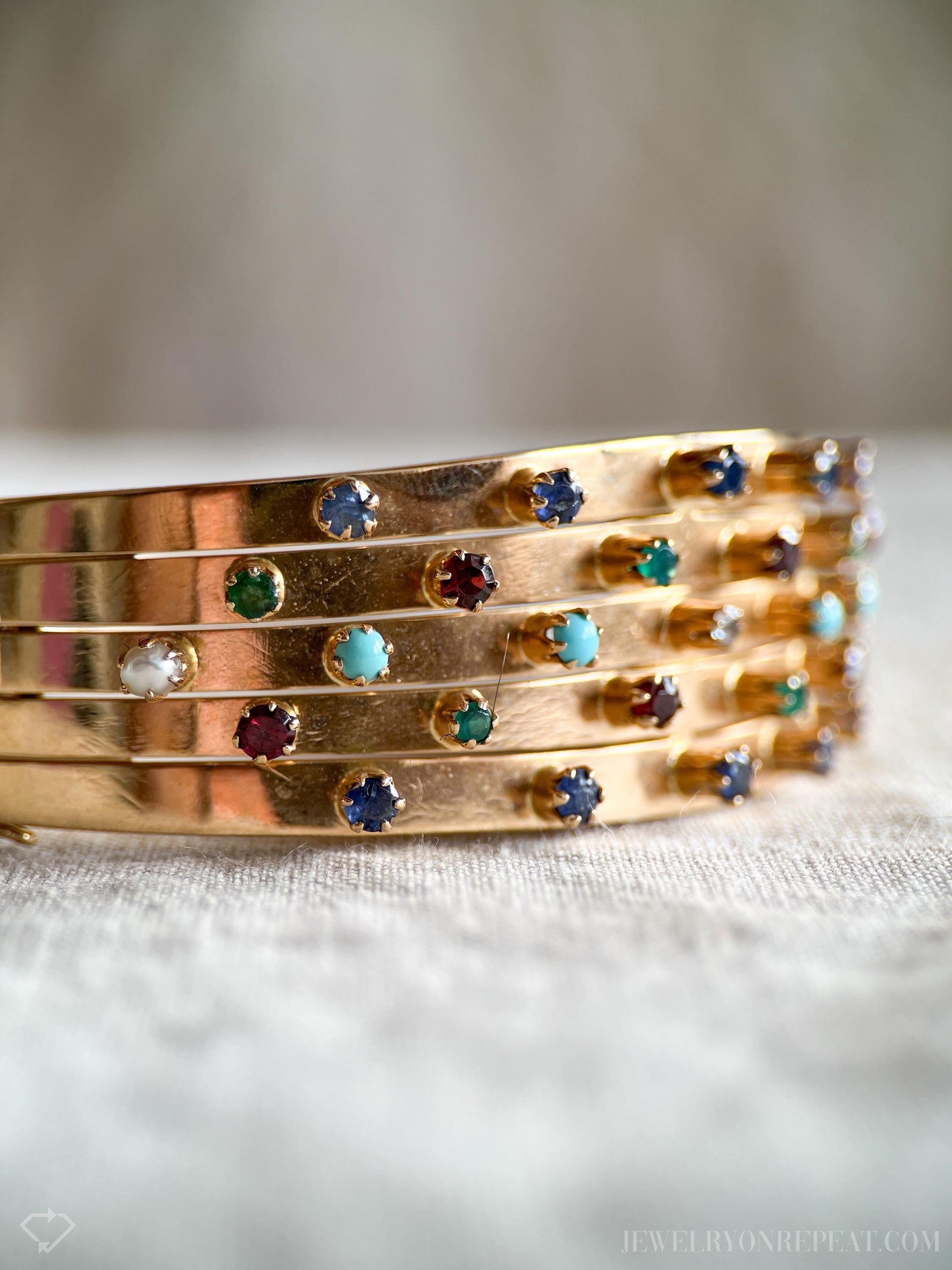 Vintage Multi Gemstone Bangle Cuff Bracelet in 18k Gold