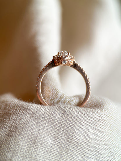 Vintage Diamond Engagement Ring, Oval Cut, 14k Rose Gold, 2000s Halo Bridal Ring