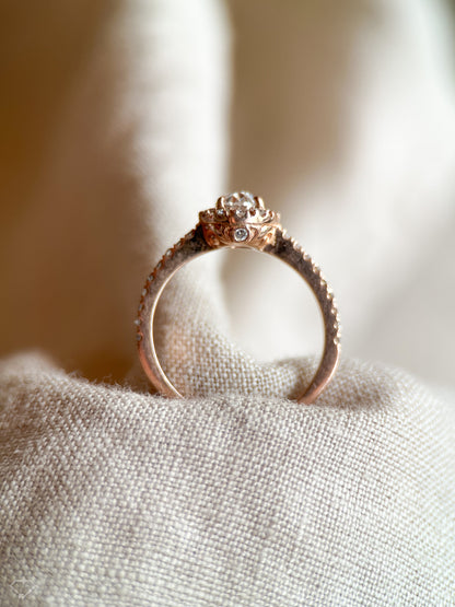 Vintage Diamond Engagement Ring, Oval Cut, 14k Rose Gold, 2000s Halo Bridal Ring