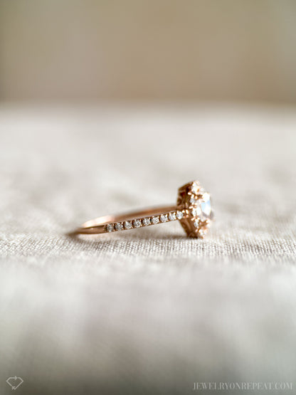 Vintage Diamond Engagement Ring, Oval Cut, 14k Rose Gold, 2000s Halo Bridal Ring
