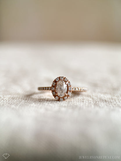 Vintage Diamond Engagement Ring, Oval Cut, 14k Rose Gold, 2000s Halo Bridal Ring