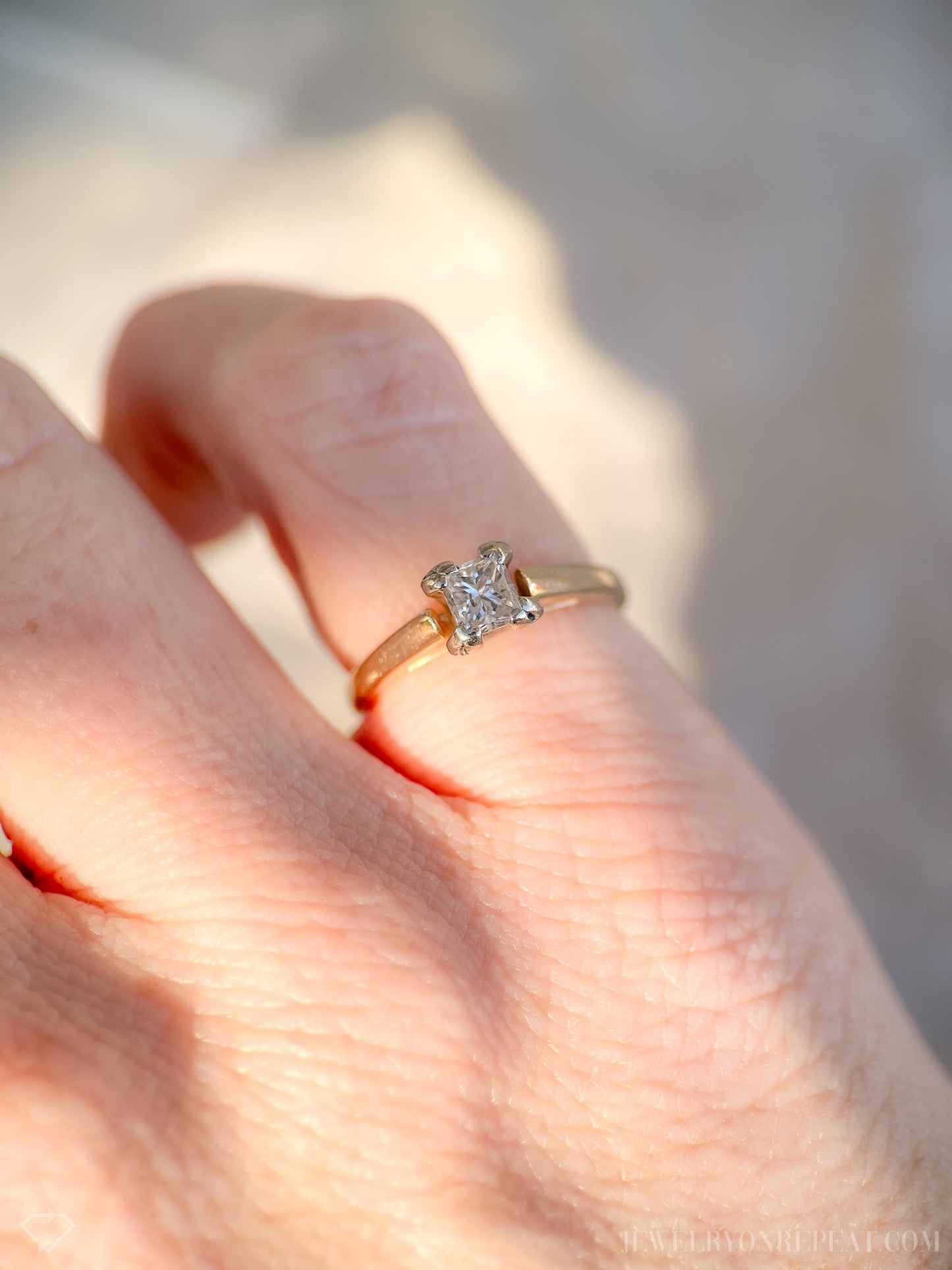 Vintage Diamond Engagement Ring, Princess Cut, 14k Gold, 1990s Cathedral Solitaire Bridal Ring