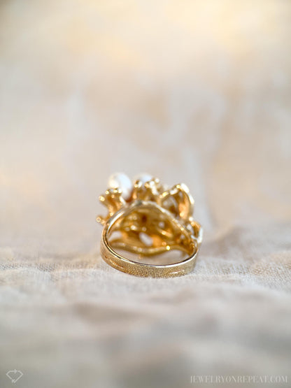 Vintage 1970s Pearl Floral Cluster Ring in 14k Gold