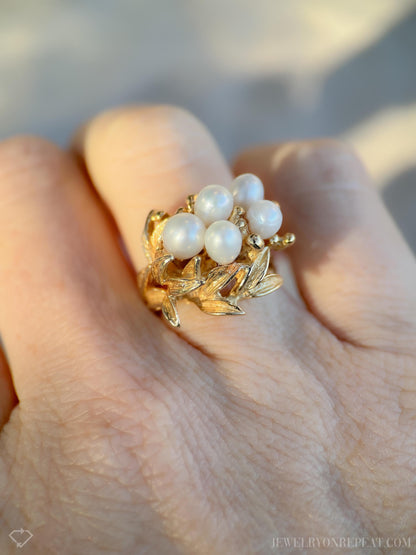 Vintage 1970s Pearl Floral Cluster Ring in 14k Gold