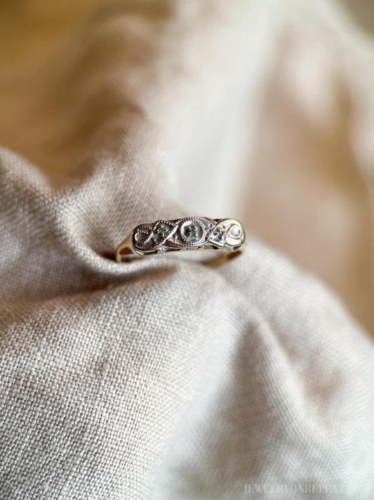 Vintage Diamond Wedding Band, 14k Gold, 1940s Art Deco Filigree Ring, Stacking Band