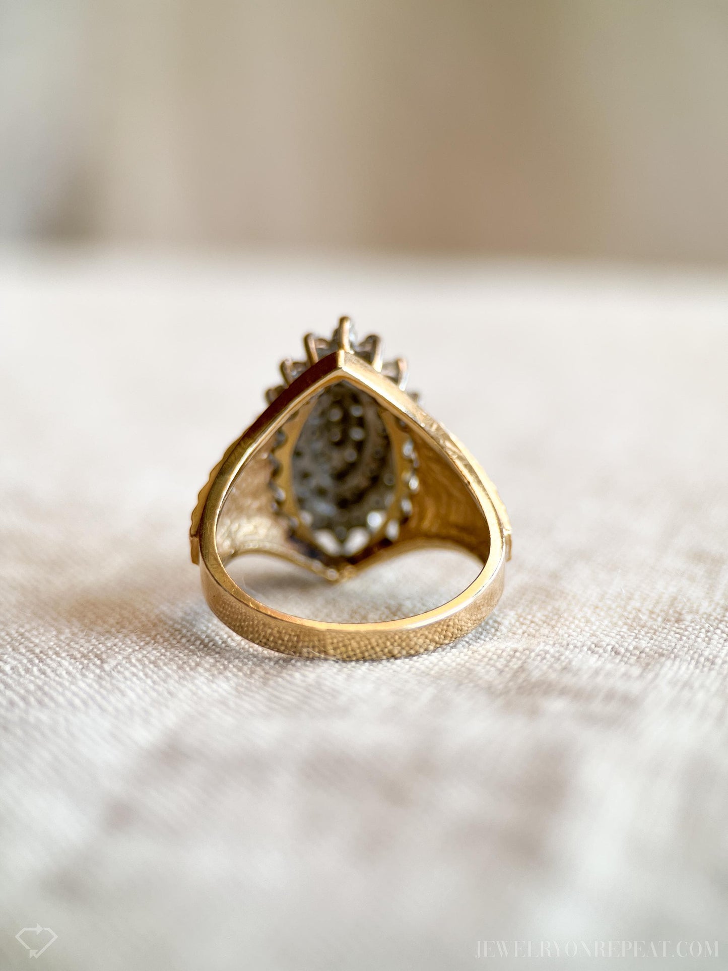 Vintage Diamond Engagement Ring, Marquise Shaped, 14k Gold, 1970s Cluster Bridal Ring