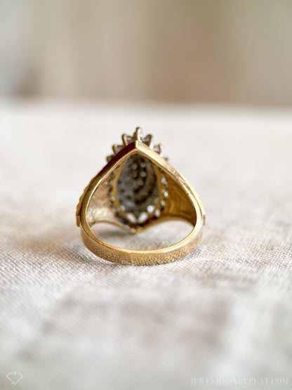 Vintage Diamond Engagement Ring, Marquise Shaped, 14k Gold, 1970s Cluster Bridal Ring
