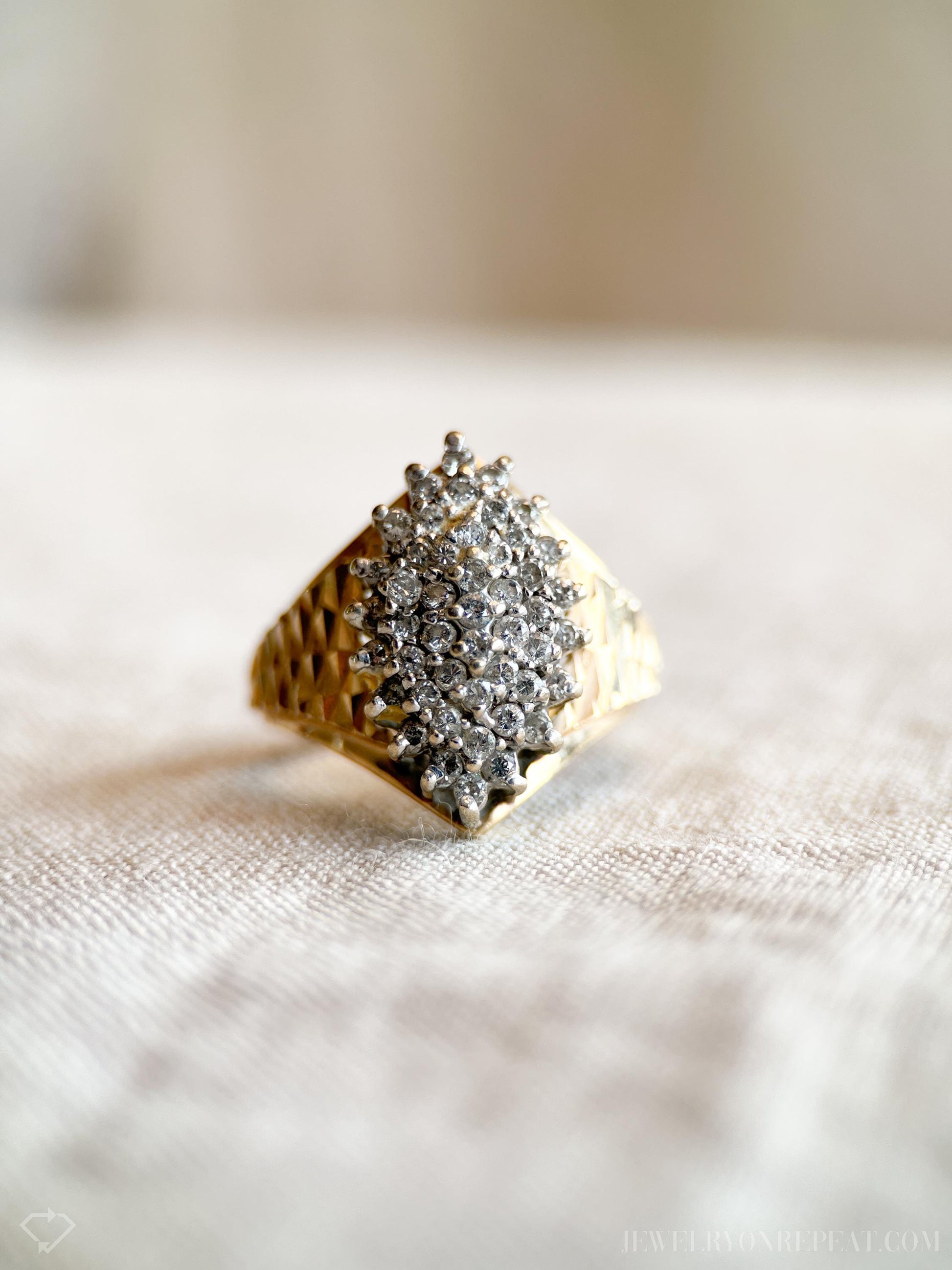 Vintage Diamond Engagement Ring, Marquise Shaped, 14k Gold, 1970s Cluster Bridal Ring