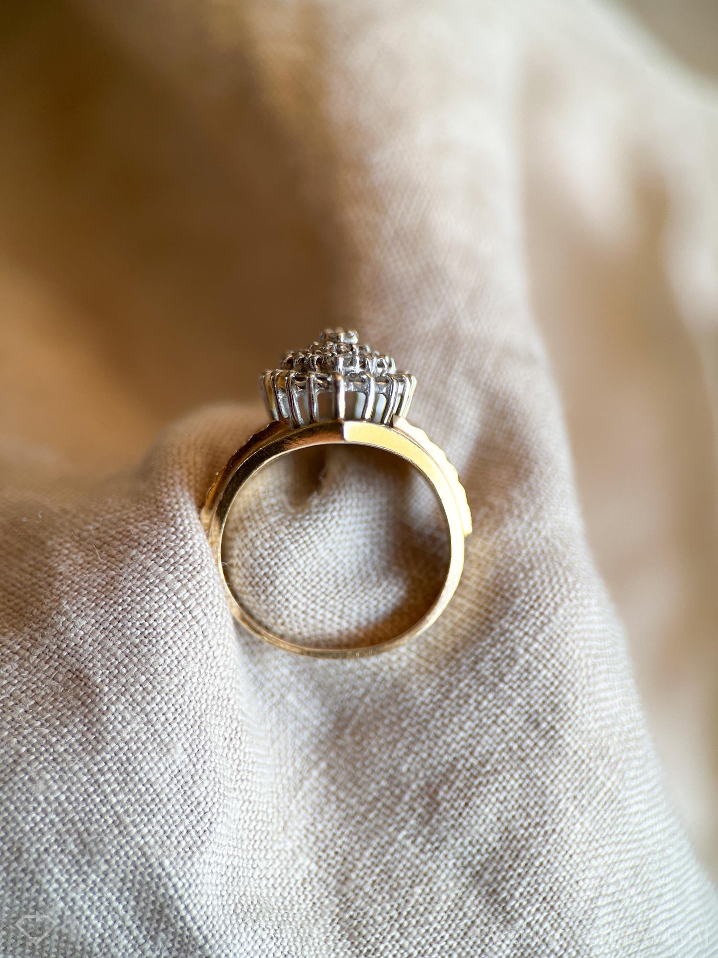 Vintage Diamond Engagement Ring, Marquise Shaped, 14k Gold, 1970s Cluster Bridal Ring