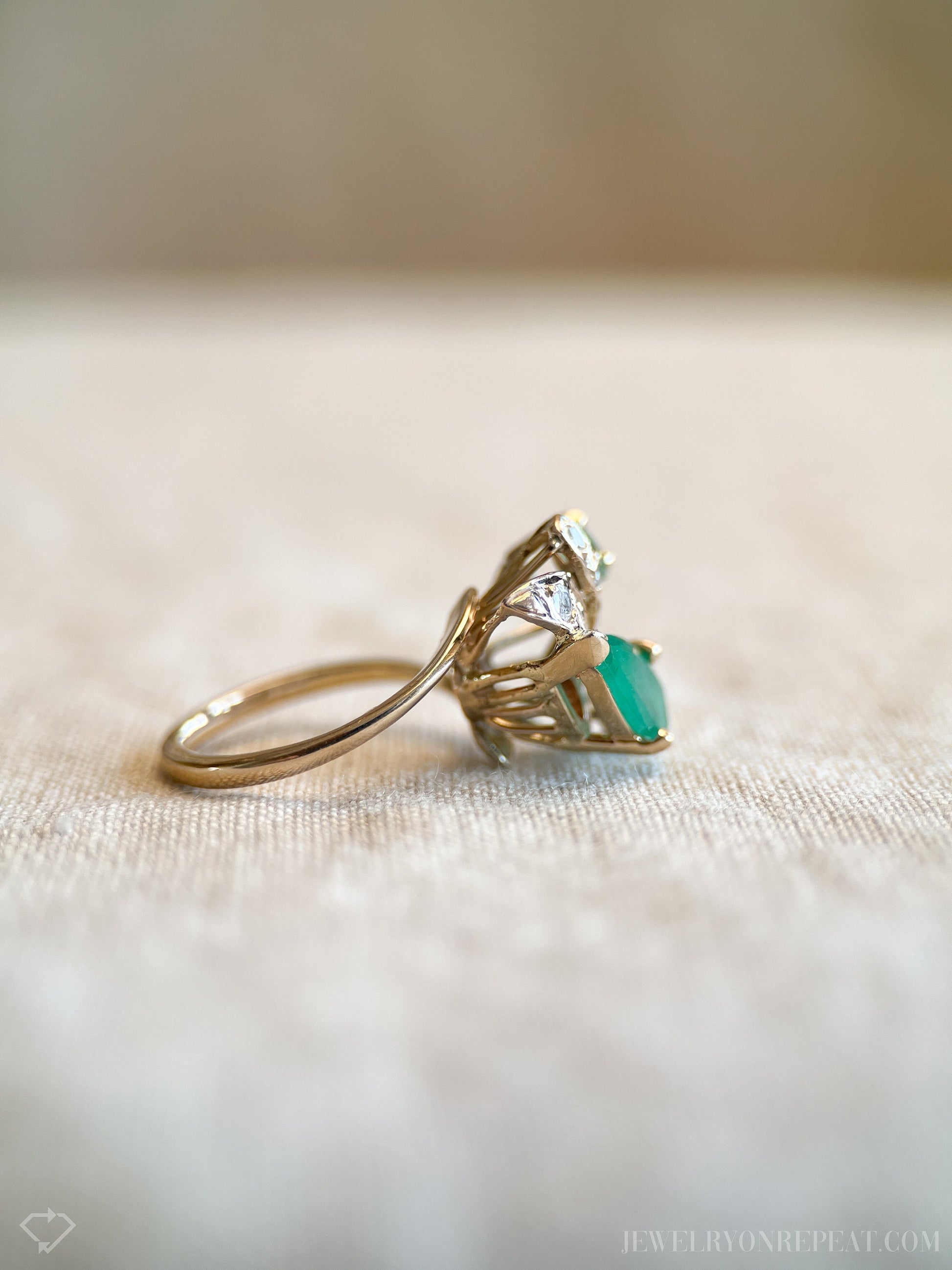 Vintage Emerald and Diamond Asymmetrical Ring in 14k Gold