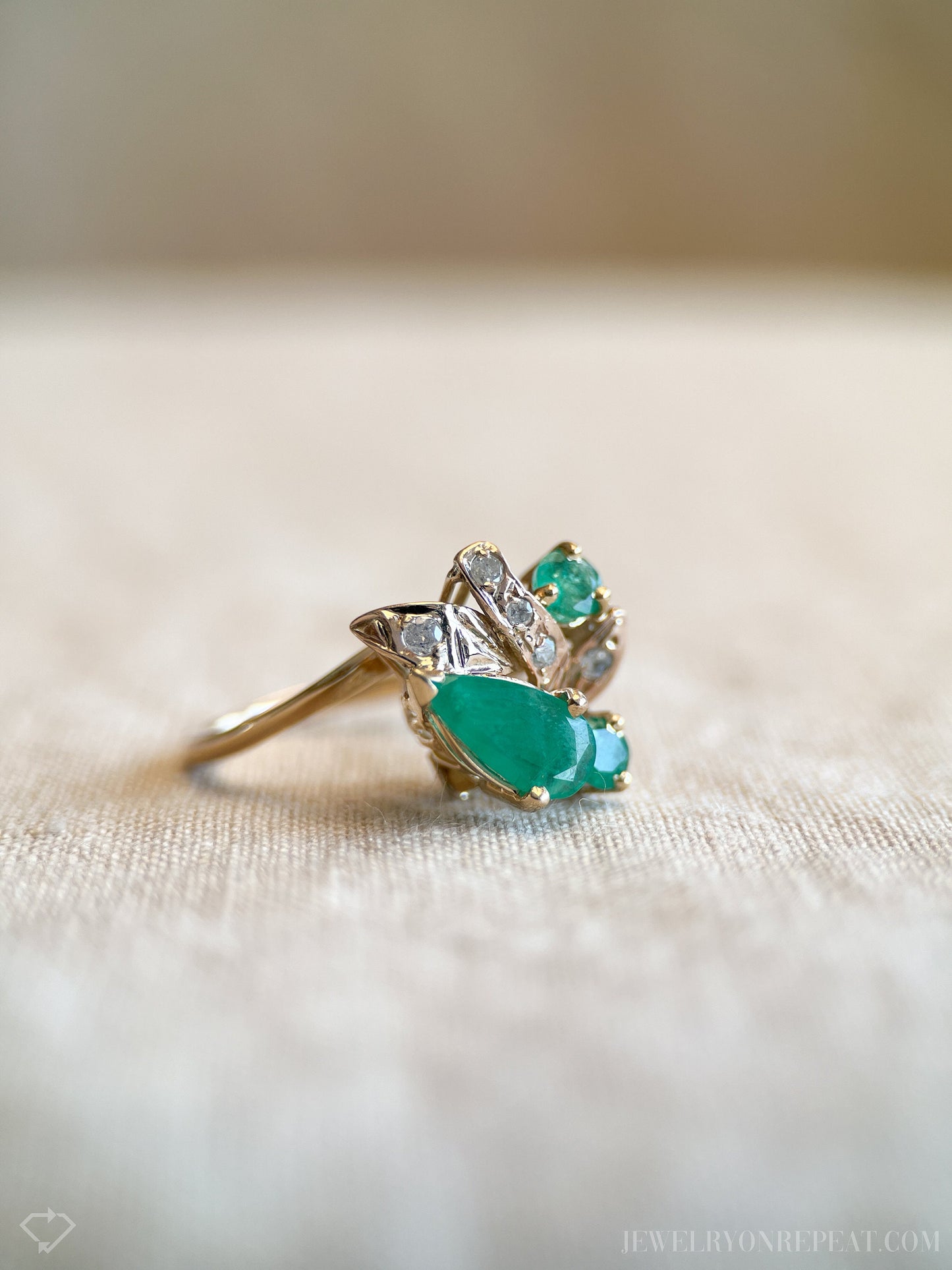 Vintage Emerald and Diamond Asymmetrical Ring in 14k Gold