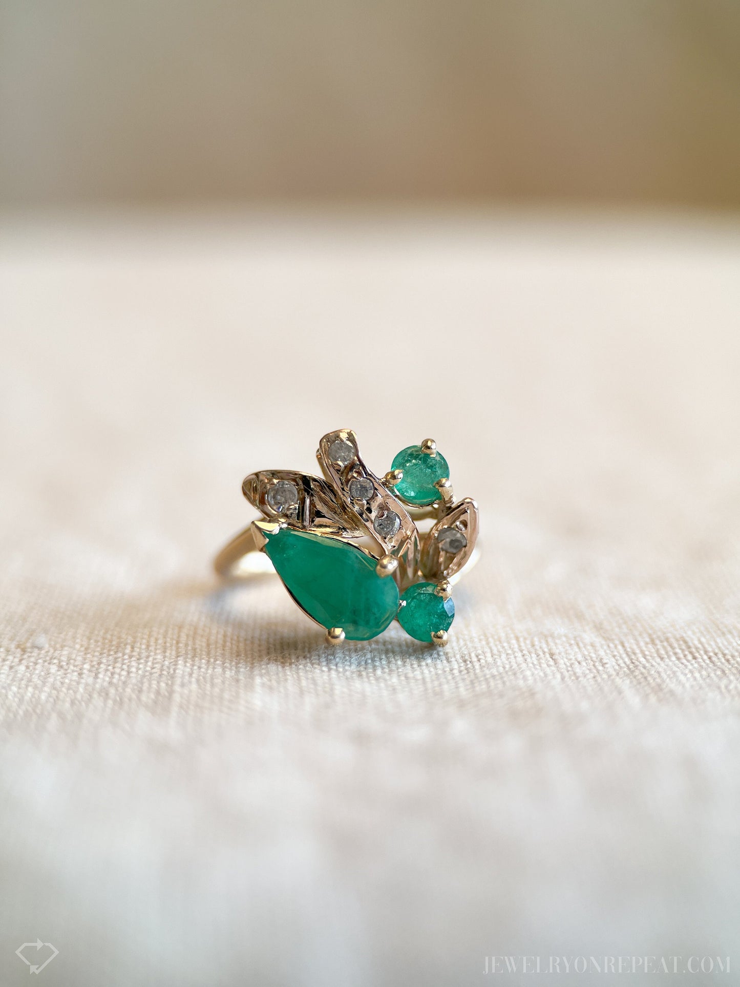 Vintage Emerald and Diamond Asymmetrical Ring in 14k Gold