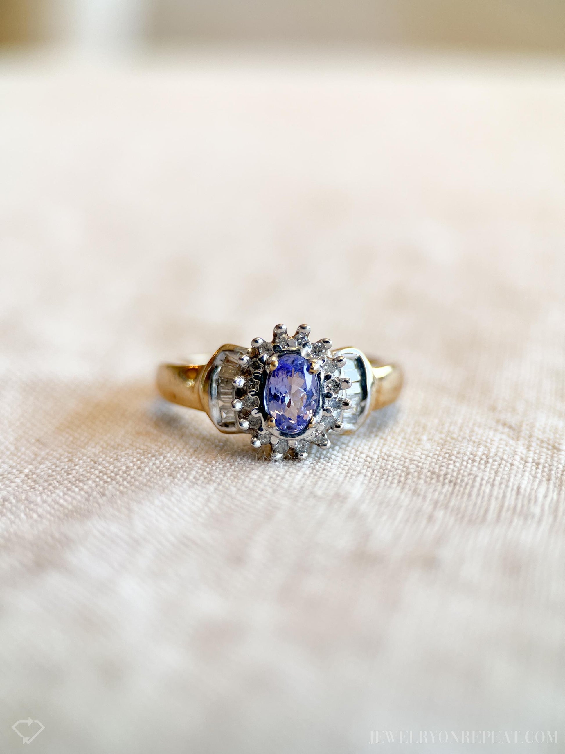 Vintage Tanzanite and Diamond Halo Gemstone Ring in 10k Gold