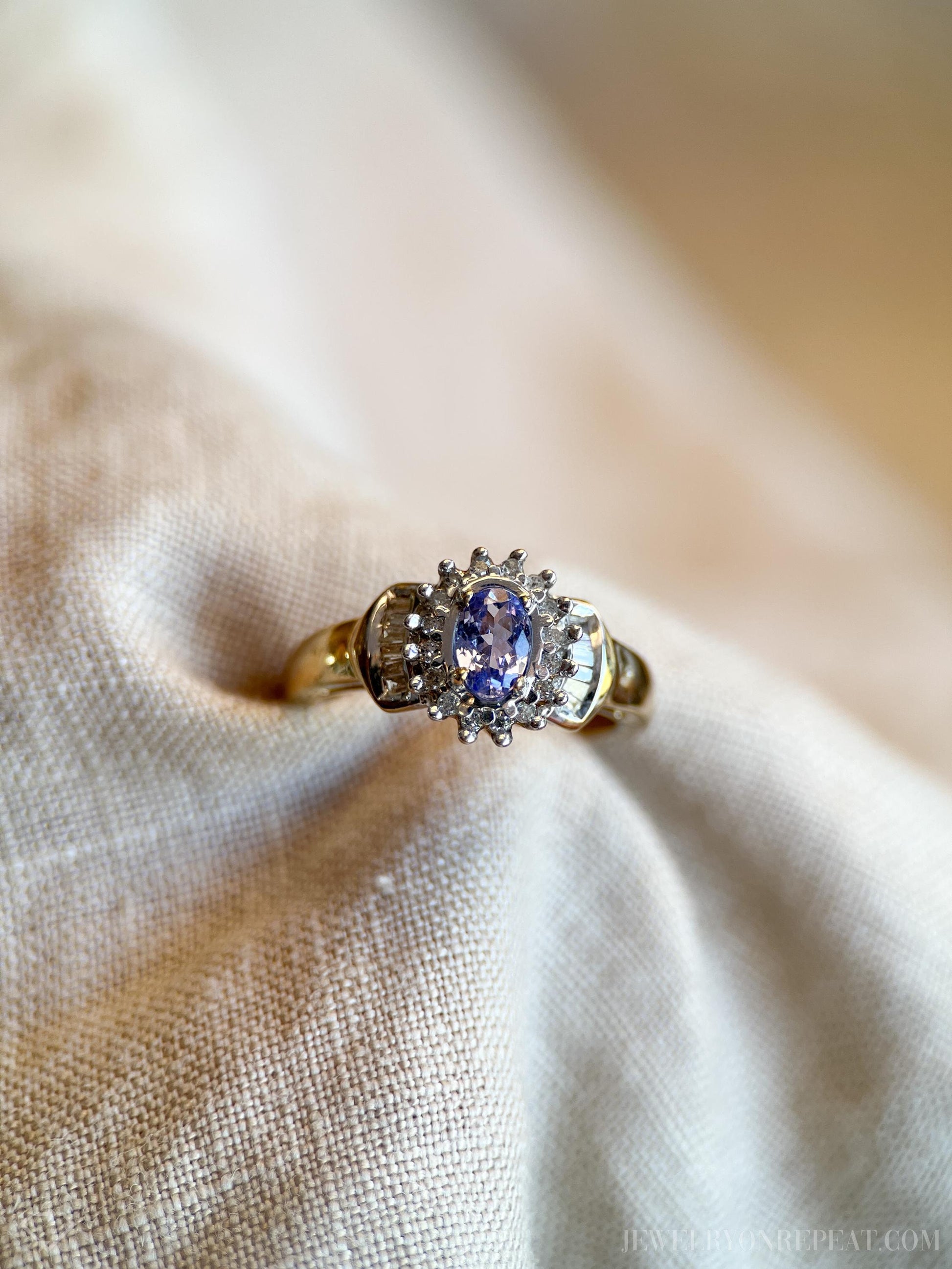 Vintage Tanzanite and Diamond Halo Gemstone Ring in 10k Gold