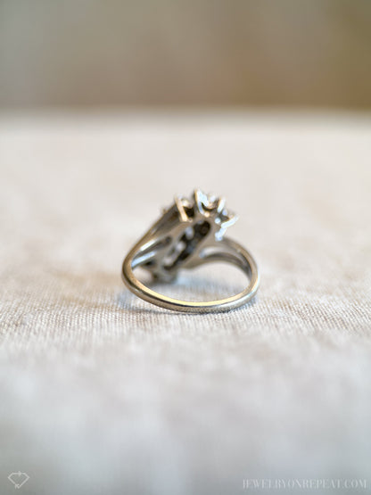 Vintage 1990s Diamond Engagement Ring, 14k White Gold, Asymmetrical Cluster Waterfall Design • One-of-a-kind Jewelry