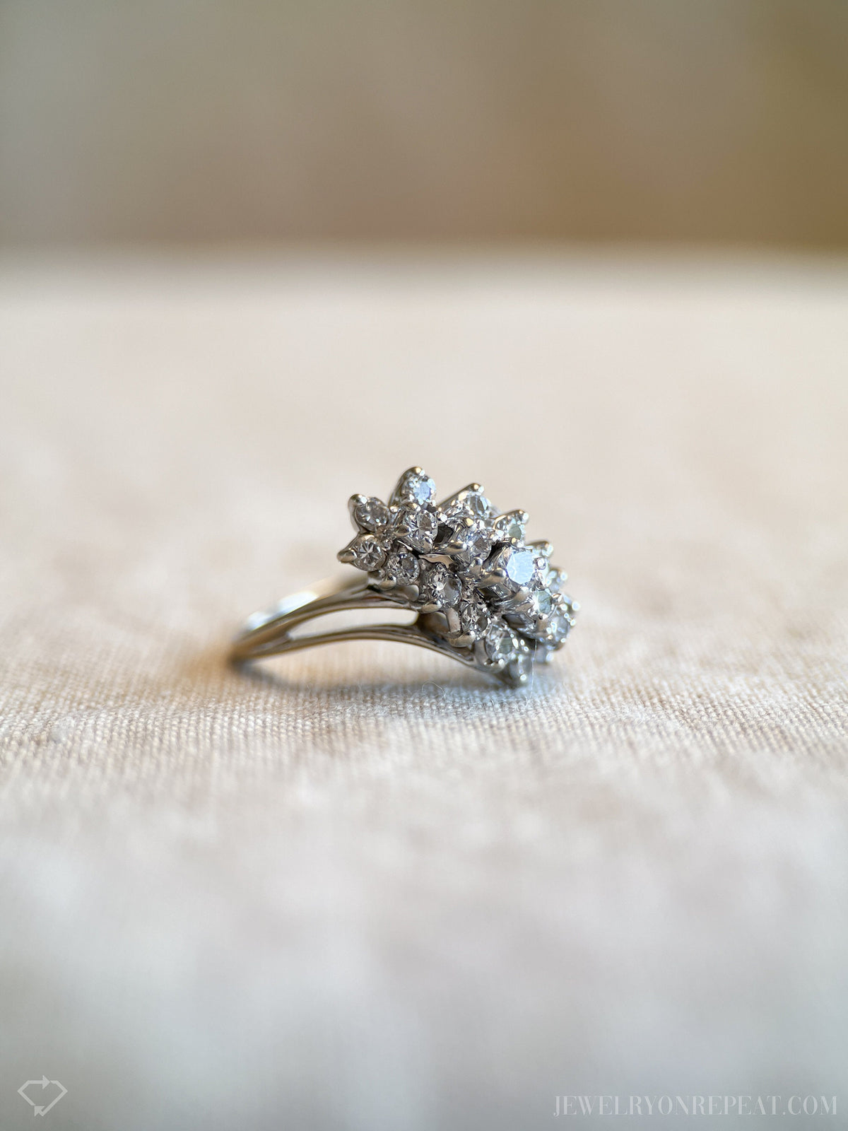 Vintage 1990s Diamond Engagement Ring, 14k White Gold, Asymmetrical Cluster Waterfall Design • One-of-a-kind Jewelry