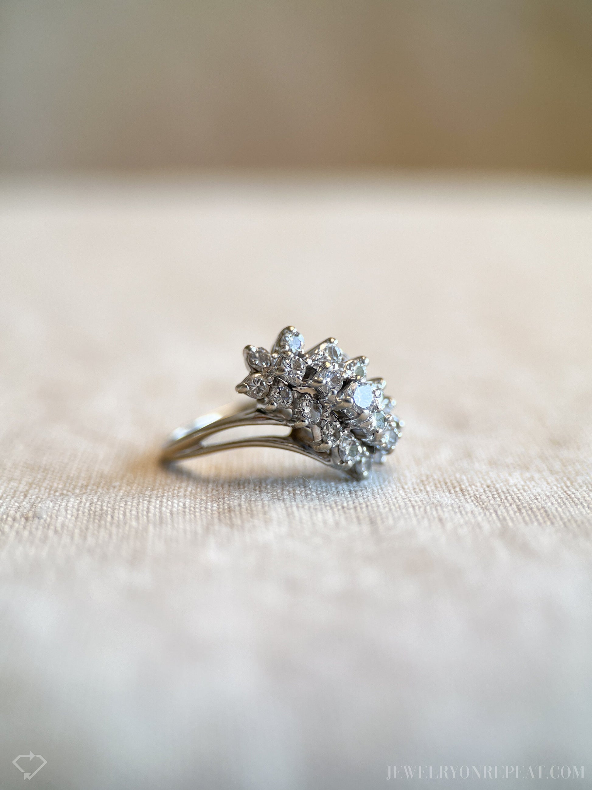 Vintage 1990s Diamond Engagement Ring, 14k White Gold, Asymmetrical Cluster Waterfall Design • One-of-a-kind Jewelry
