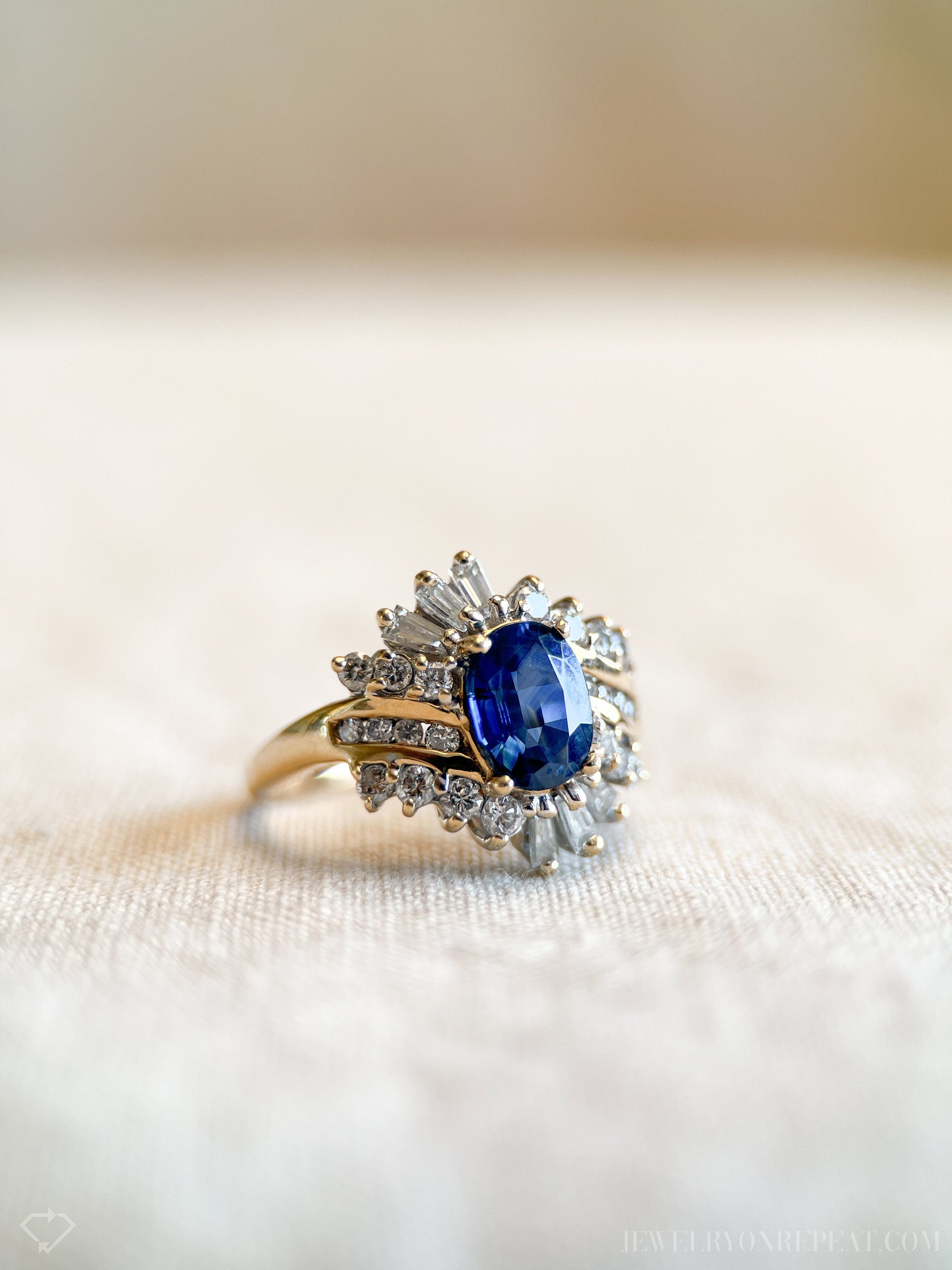 Vintage Blue Sapphire Gemstone Ring with Sunburst Diamond Halo in 14k Gold