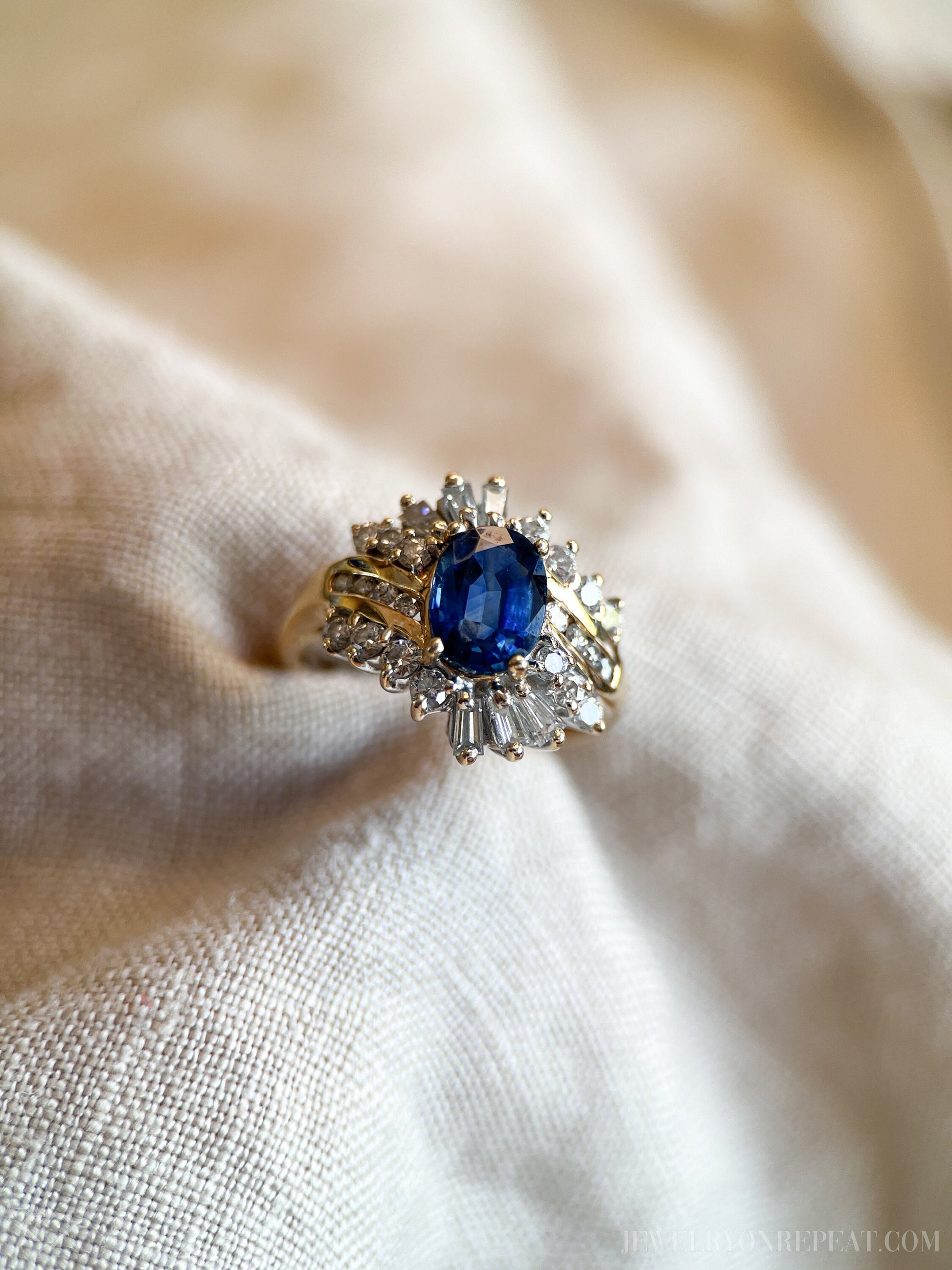 Vintage Blue Sapphire Gemstone Ring with Sunburst Diamond Halo in 14k Gold