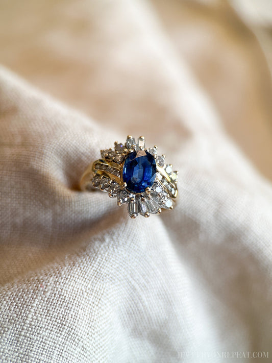 Vintage Blue Sapphire Gemstone Ring with Sunburst Diamond Halo in 14k Gold