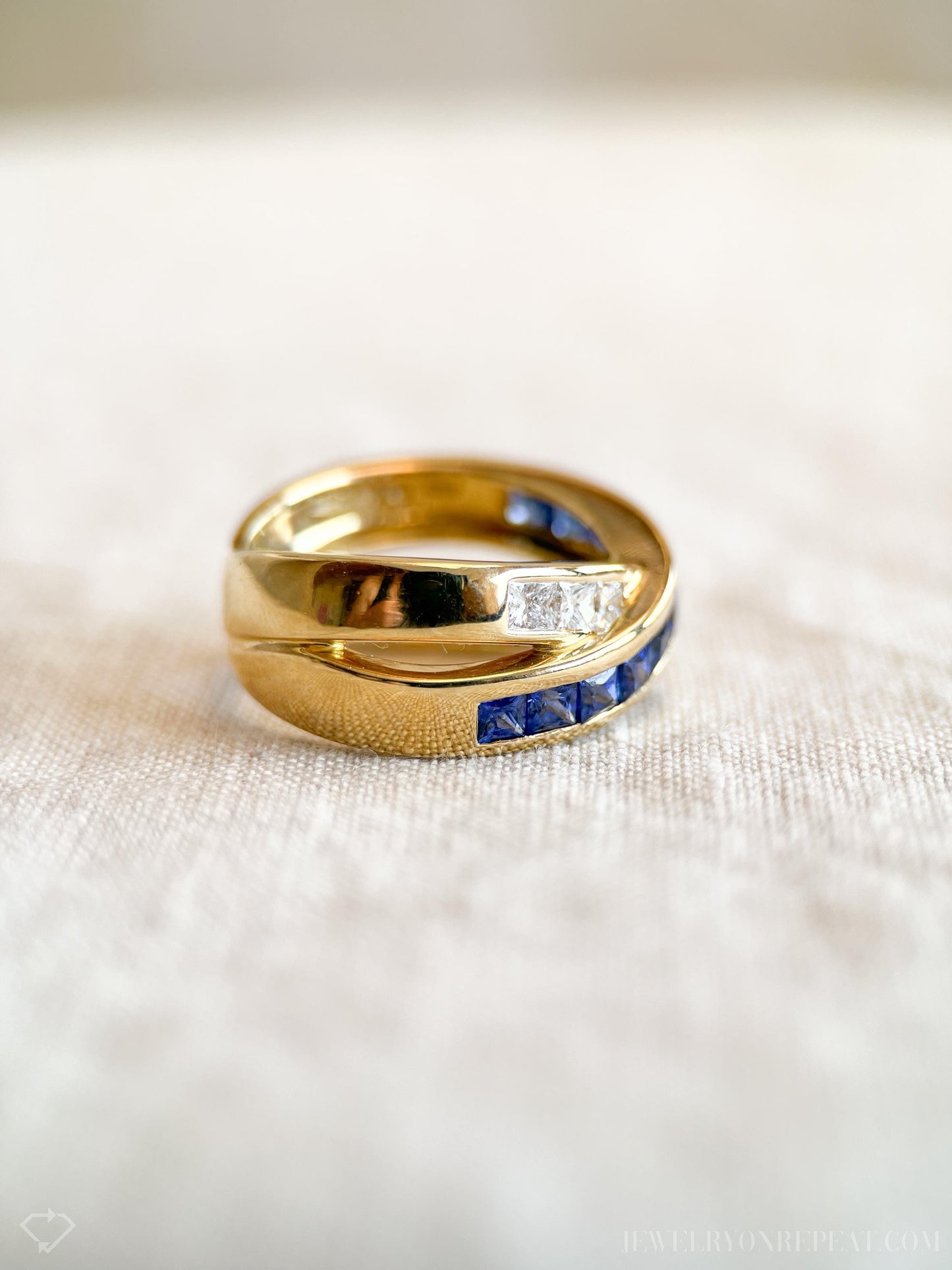 Vintage Sapphire and Diamond Anniversary Band, 18k Gold, Criss-Cross Statement Ring, Woven Band