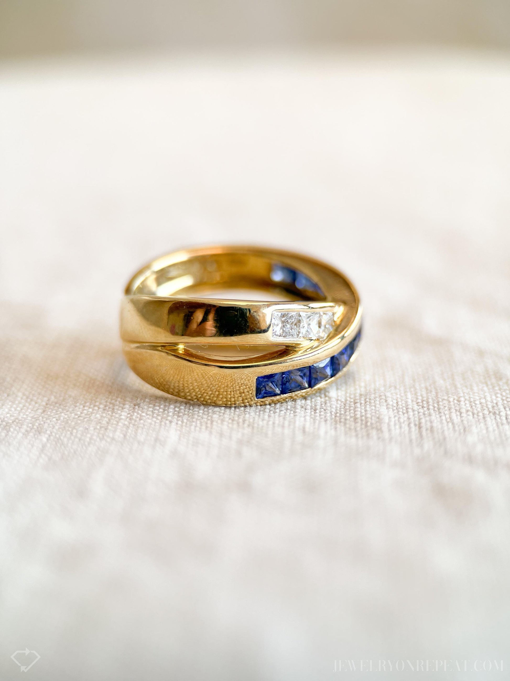 Vintage Sapphire and Diamond Anniversary Band, 18k Gold, Criss-Cross Statement Ring, Woven Band