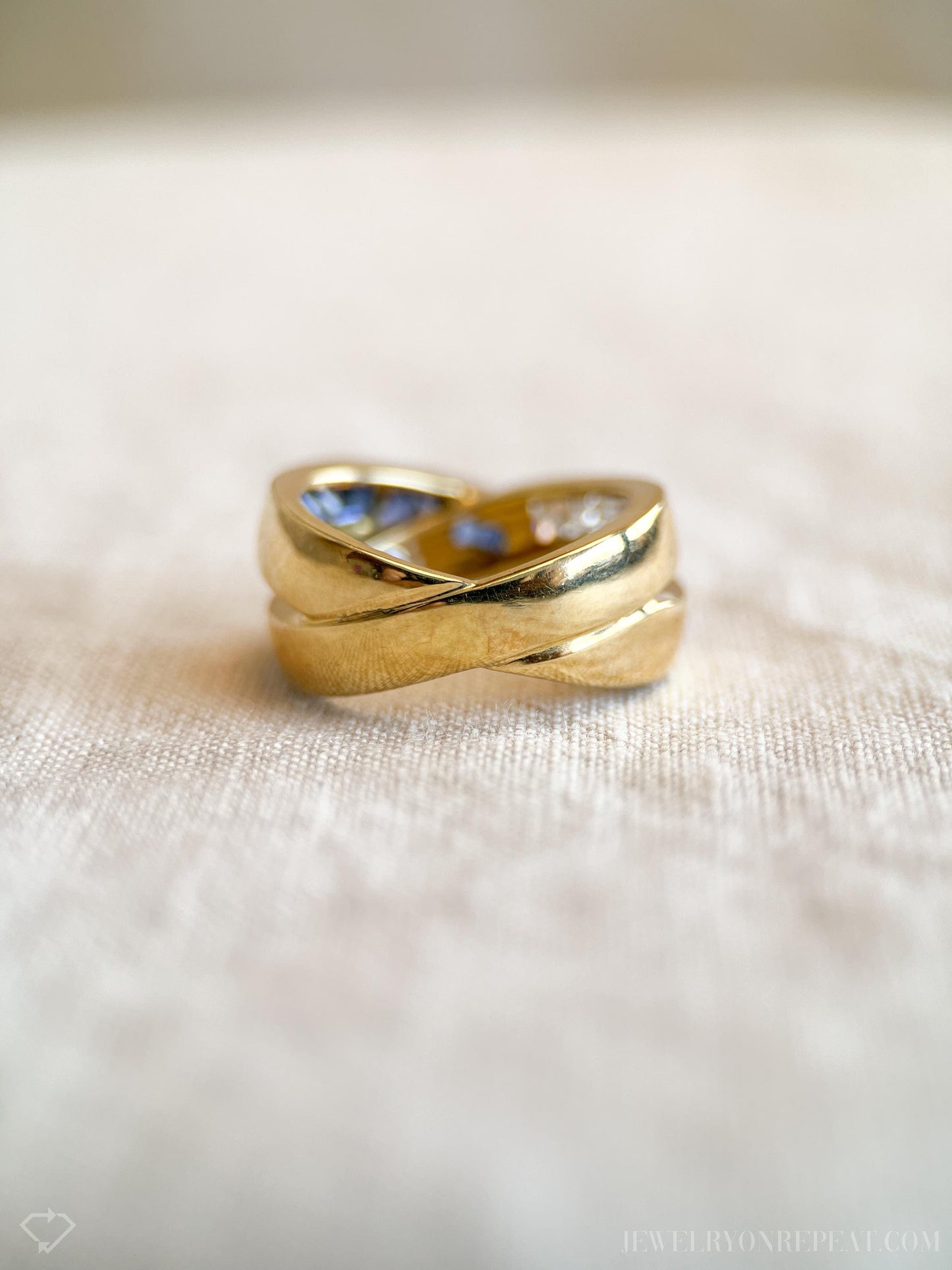 Vintage Sapphire and Diamond Anniversary Band, 18k Gold, Criss-Cross Statement Ring, Woven Band