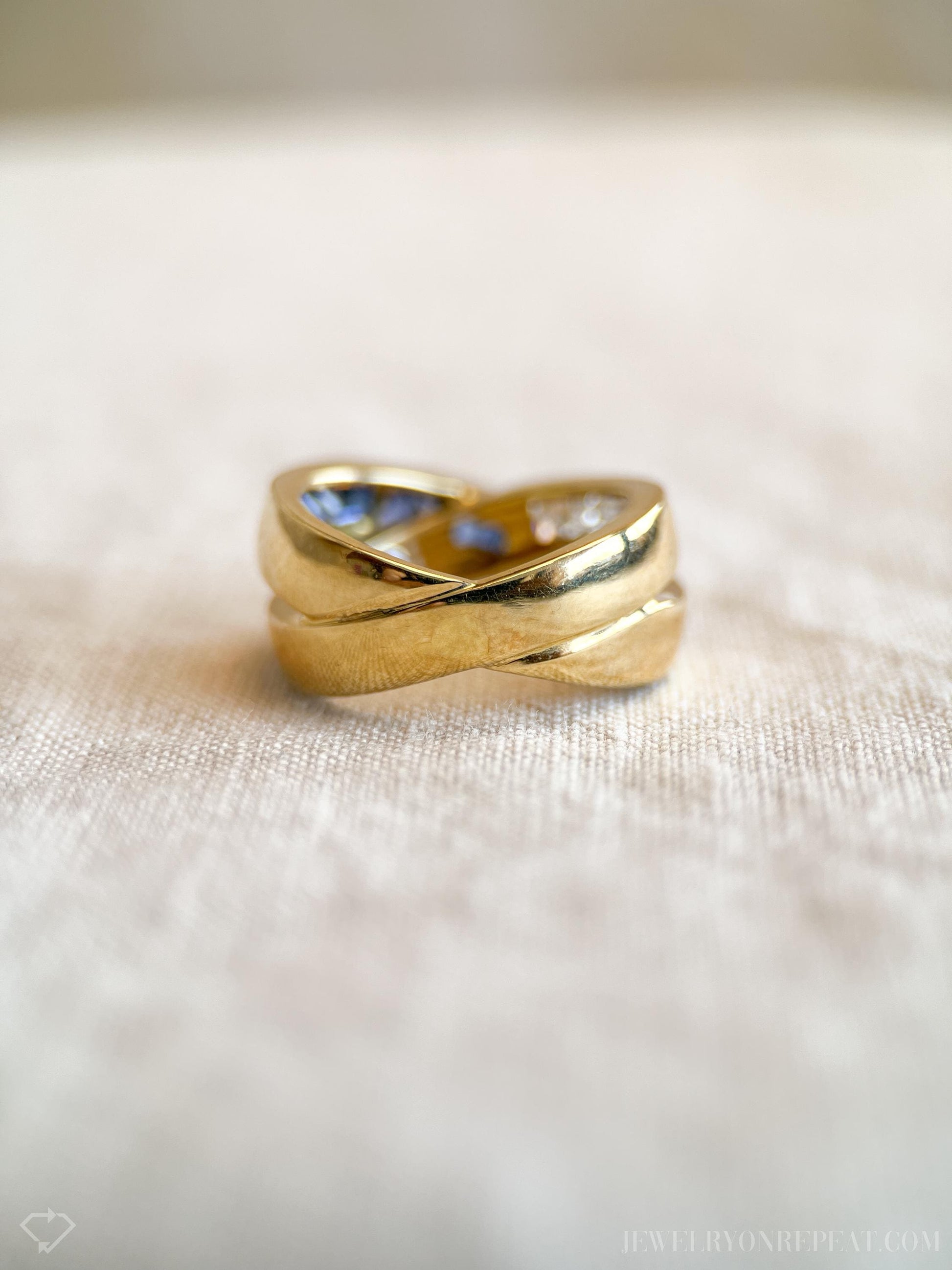 Vintage Sapphire and Diamond Anniversary Band, 18k Gold, Criss-Cross Statement Ring, Woven Band