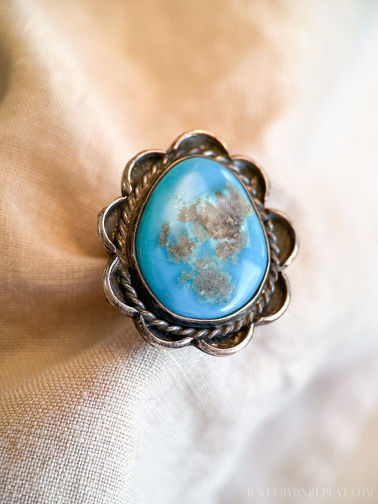 Vintage Turquoise Statement Ring, Sterling Silver Boho Jewelry, Scalloped Artisan Ring