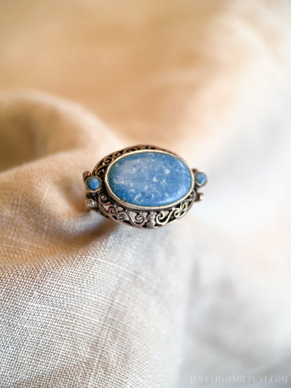 Vintage Sterling Silver Blue Aventurine Filigree Ring, Boho Statement Jewelry