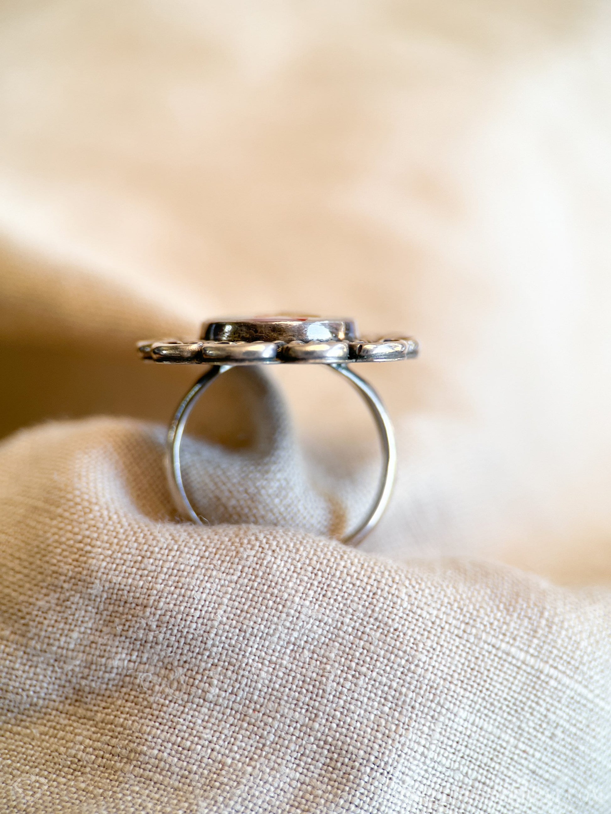 Vintage Sterling Silver Dancer Ring, Mother of Pearl Coral Inlay, Boho Statement Jewelry