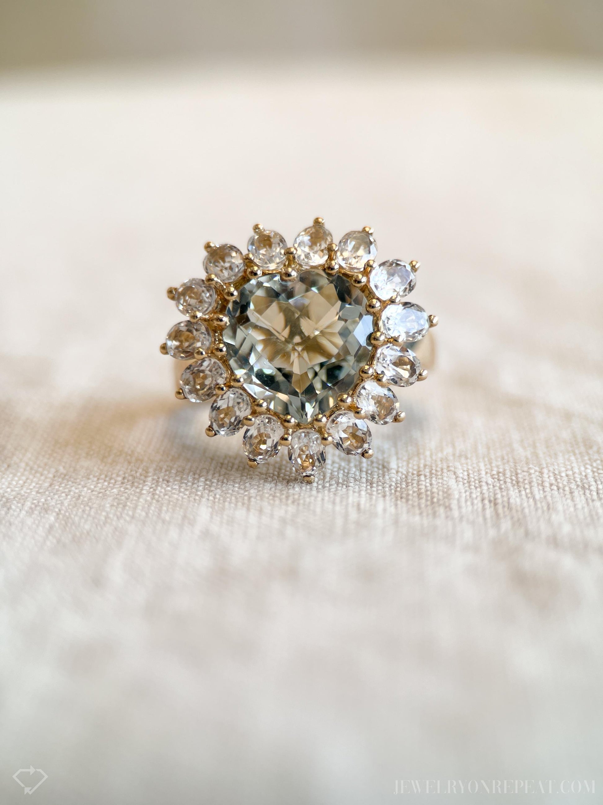 Vintage Heart Cut Green Prasiolite Gemstone Halo Ring in 10k Gold