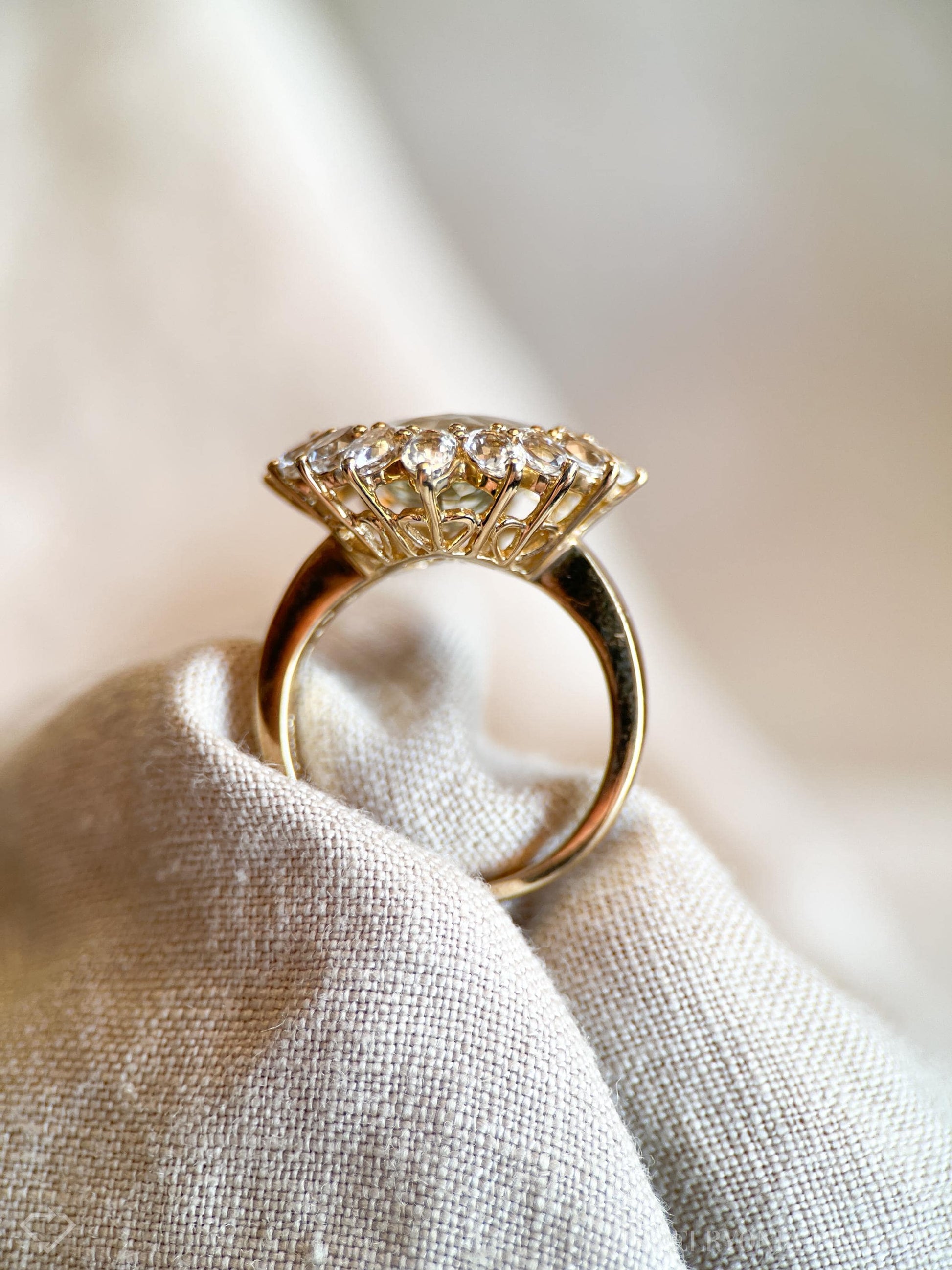 Vintage Heart Cut Green Prasiolite Gemstone Halo Ring in 10k Gold