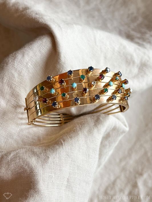 Vintage Multi Gemstone Bangle Cuff Bracelet in 18k Gold