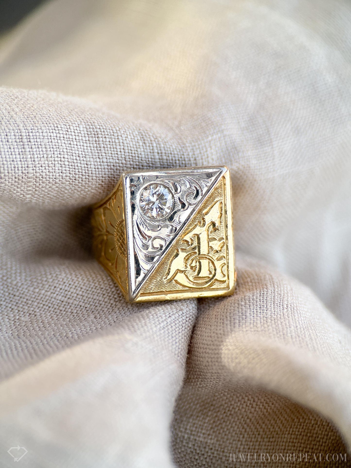 Vintage 1970s Filigree "T" Diamond Signet Ring in 18k Gold