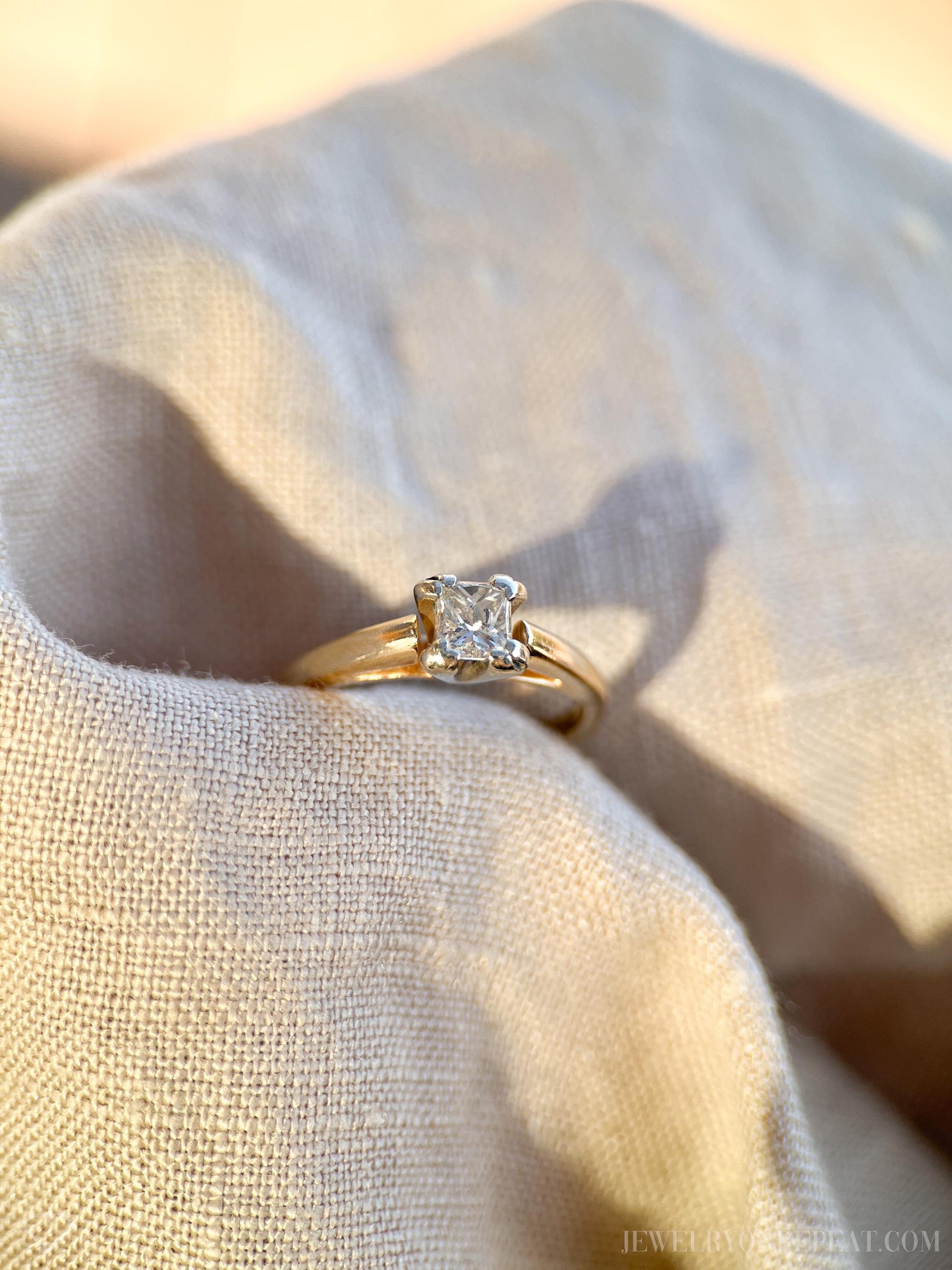 Vintage Diamond Engagement Ring, Princess Cut, 14k Gold, 1990s Cathedral Solitaire Bridal Ring