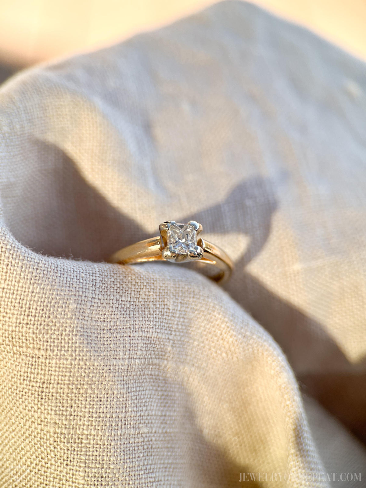 Vintage Diamond Engagement Ring, Princess Cut, 14k Gold, 1990s Cathedral Solitaire Bridal Ring
