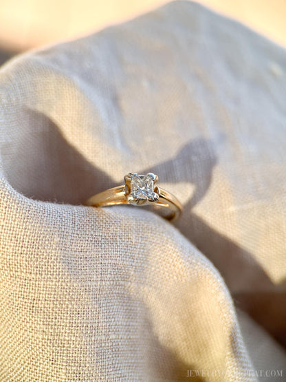 Vintage Diamond Engagement Ring, Princess Cut, 14k Gold, 1990s Cathedral Solitaire Bridal Ring