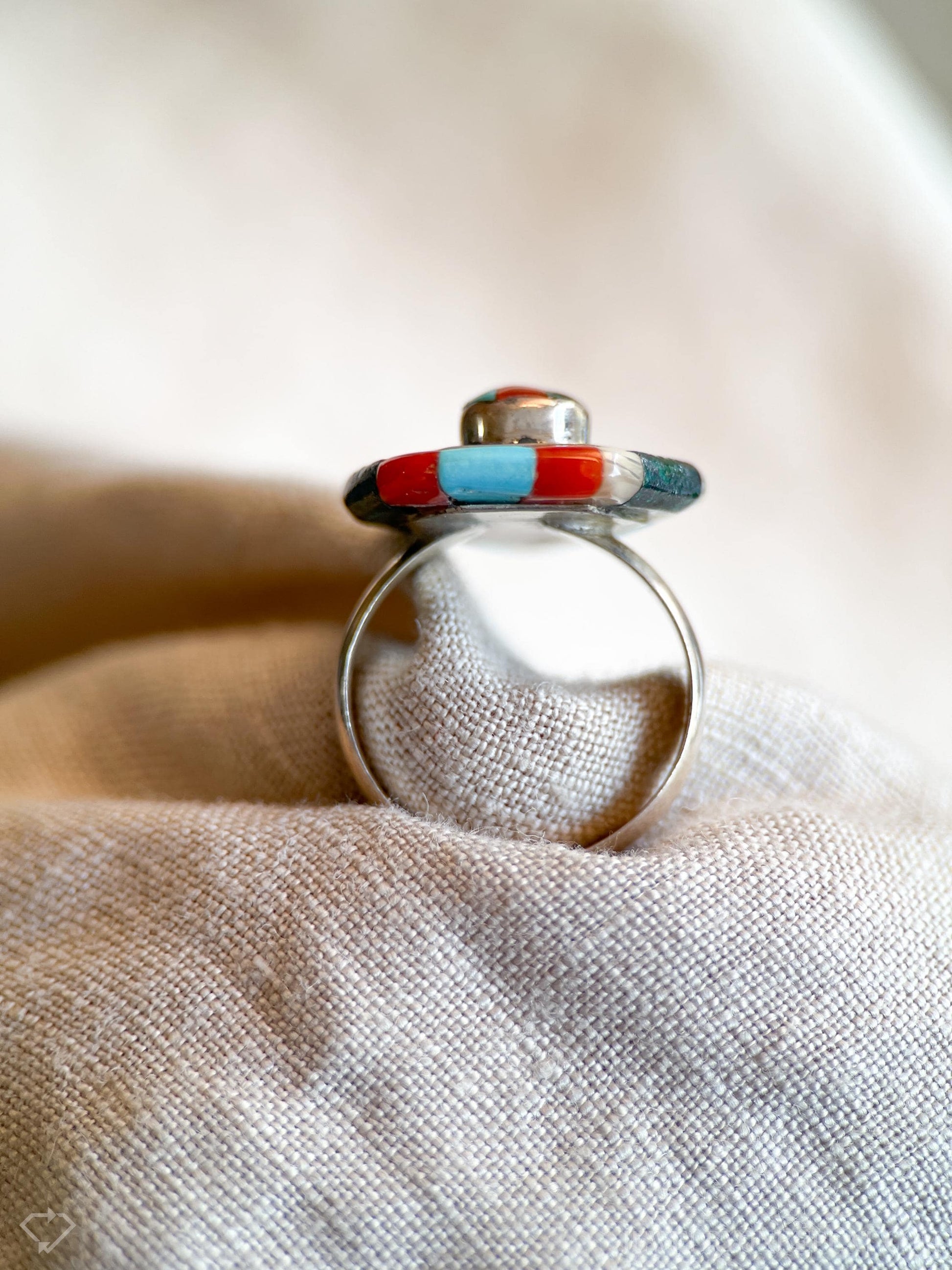 Vintage Inlaid Gemstone Ring in Sterling Silver