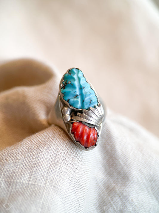 Vintage Turquoise Coral Gemstone Ring in Sterling Silver