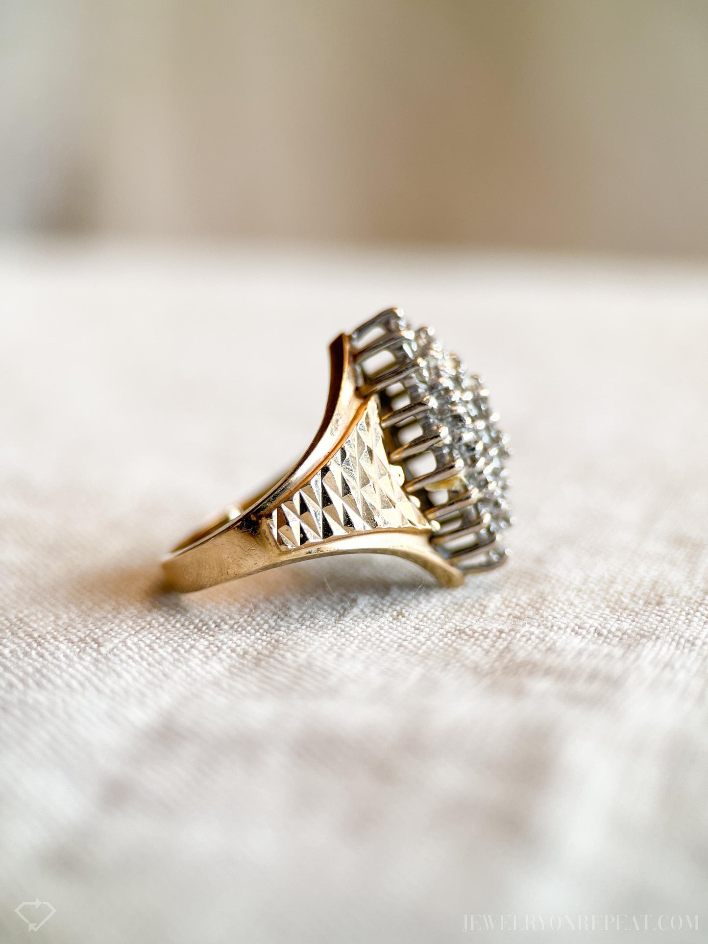 Vintage Diamond Engagement Ring, Marquise Shaped, 14k Gold, 1970s Cluster Bridal Ring