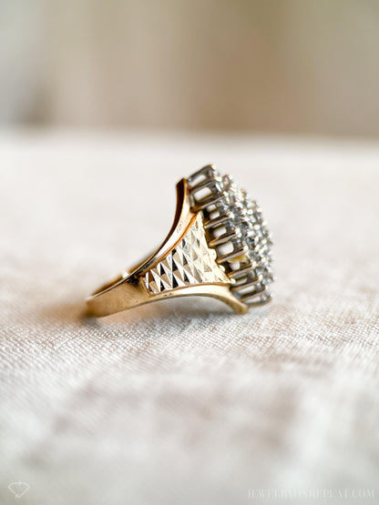 Vintage Diamond Engagement Ring, Marquise Shaped, 14k Gold, 1970s Cluster Bridal Ring