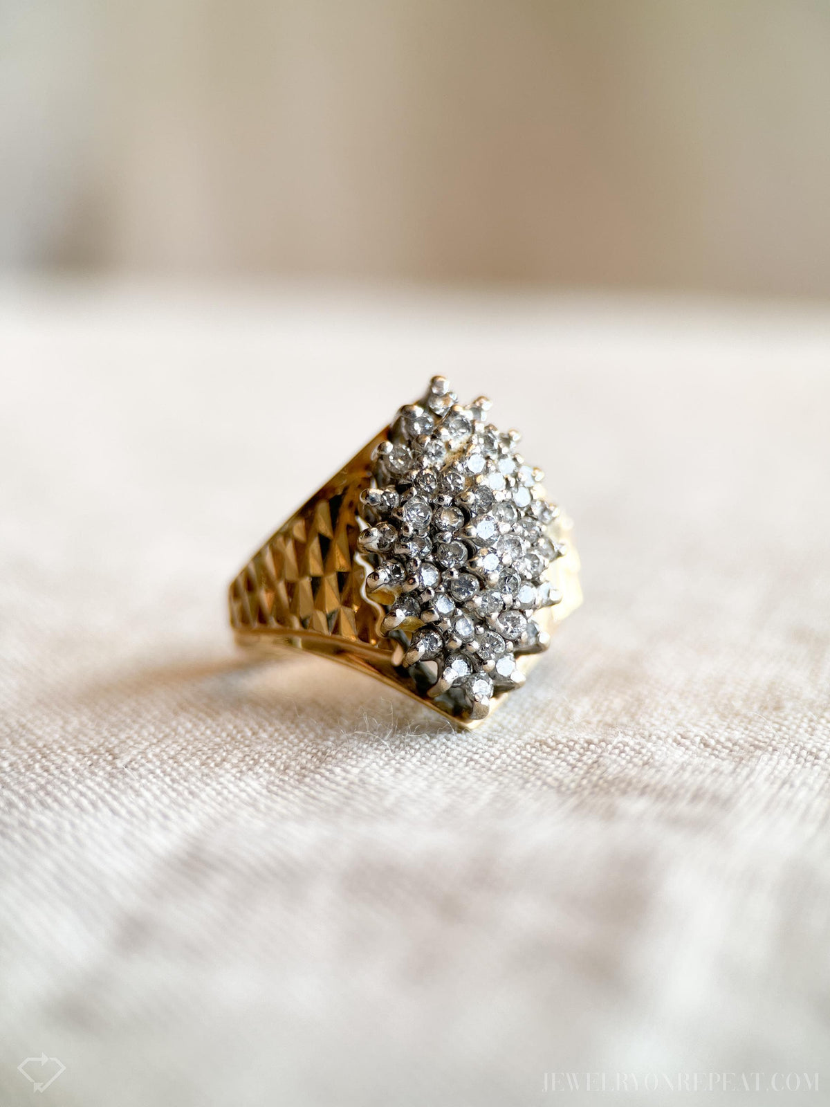 Vintage Diamond Engagement Ring, Marquise Shaped, 14k Gold, 1970s Cluster Bridal Ring