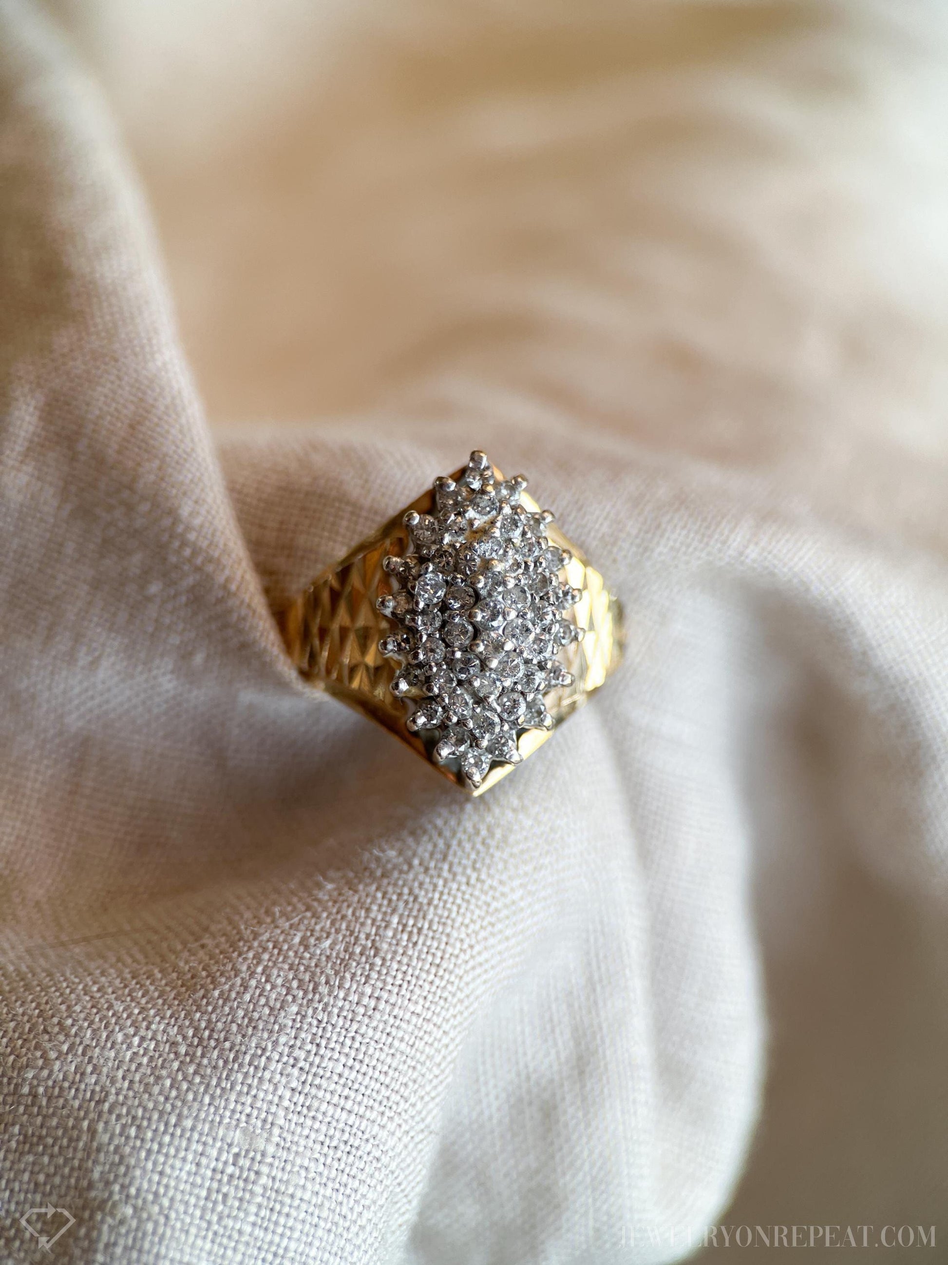 Vintage Diamond Engagement Ring, Marquise Shaped, 14k Gold, 1970s Cluster Bridal Ring