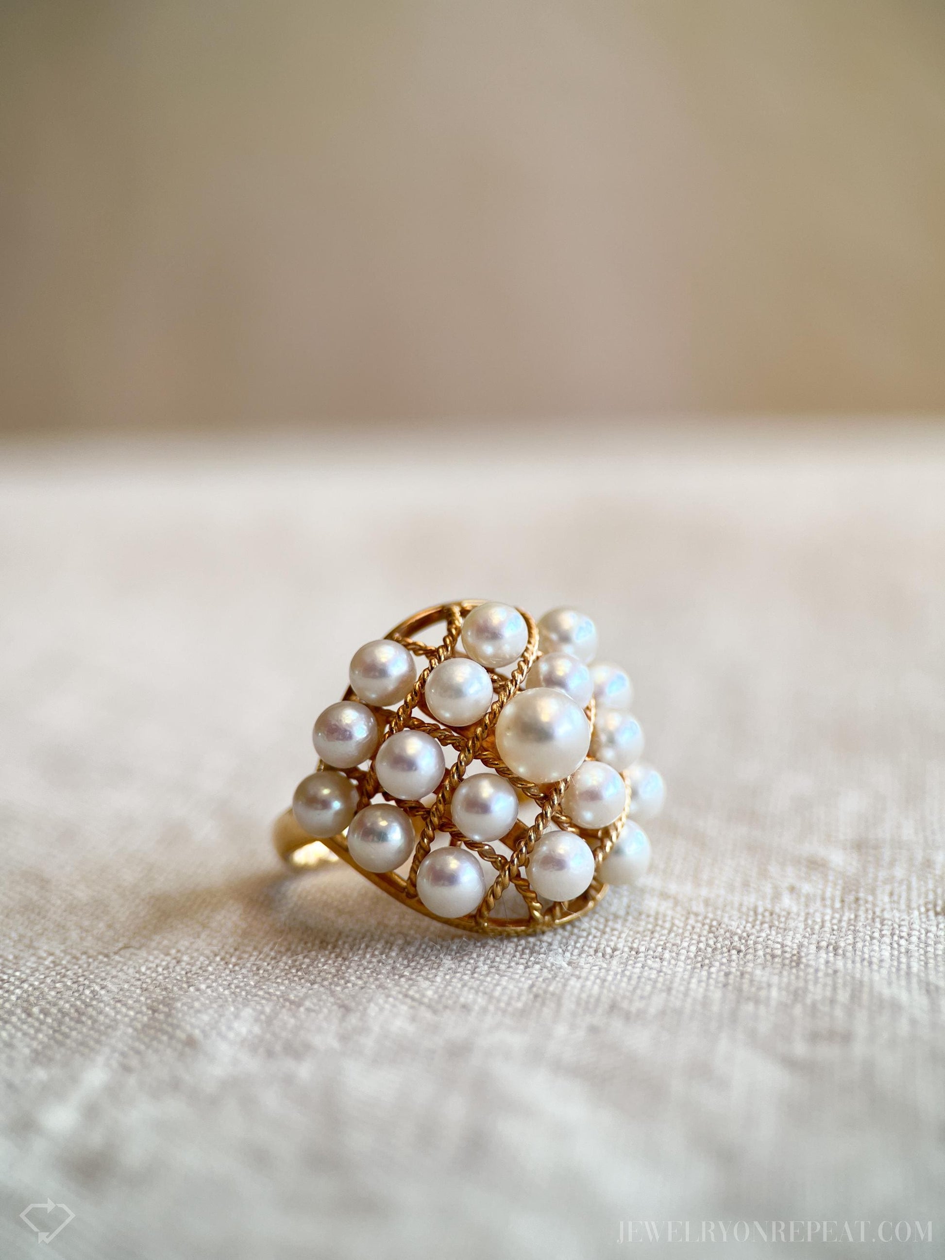 Vintage Cluster Akoya Pearl Ring in 18k Gold