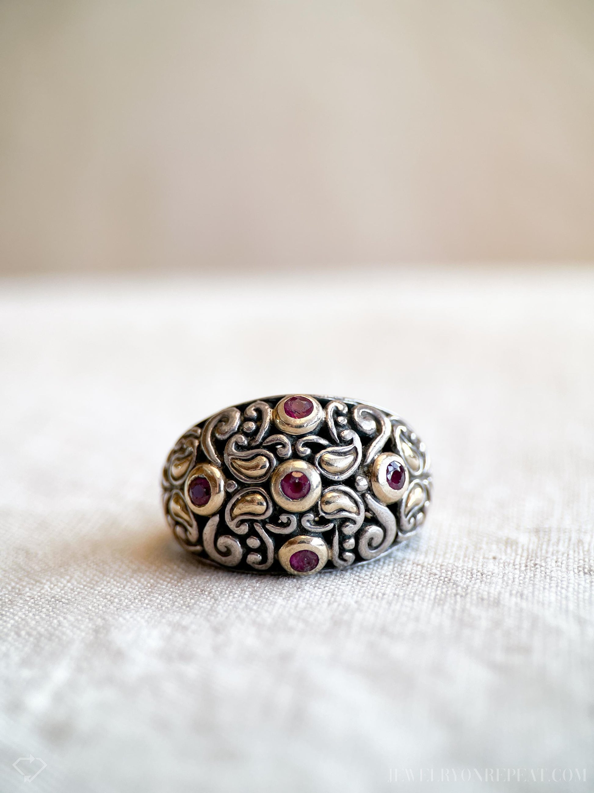 Vintage Ruby Domed Filigree Gemstone Ring in Sterling Silver