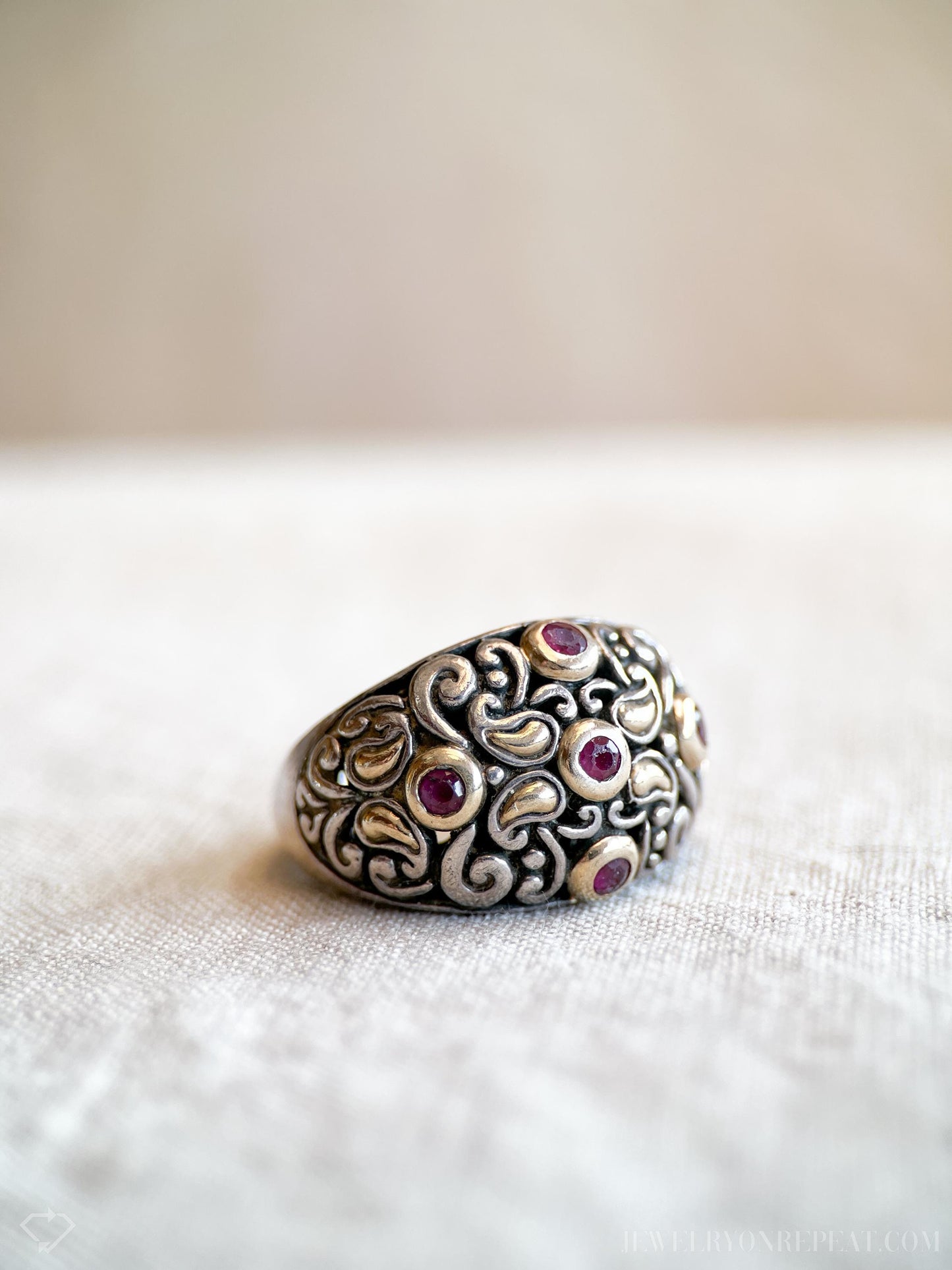 Vintage Ruby Domed Filigree Gemstone Ring in Sterling Silver