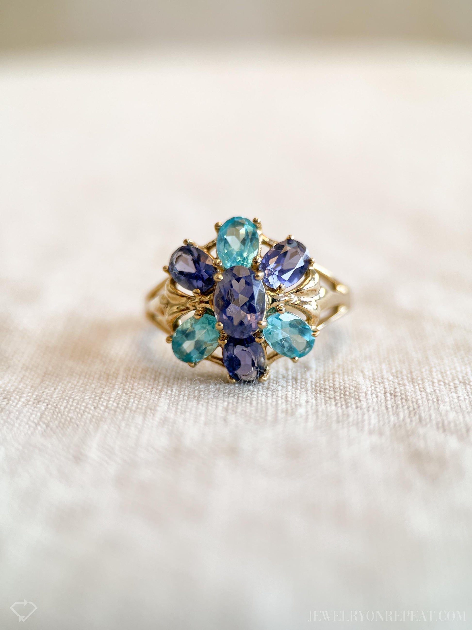 Vintage Amethyst and Apatite Gemstone Cluster Ring in 10k Gold